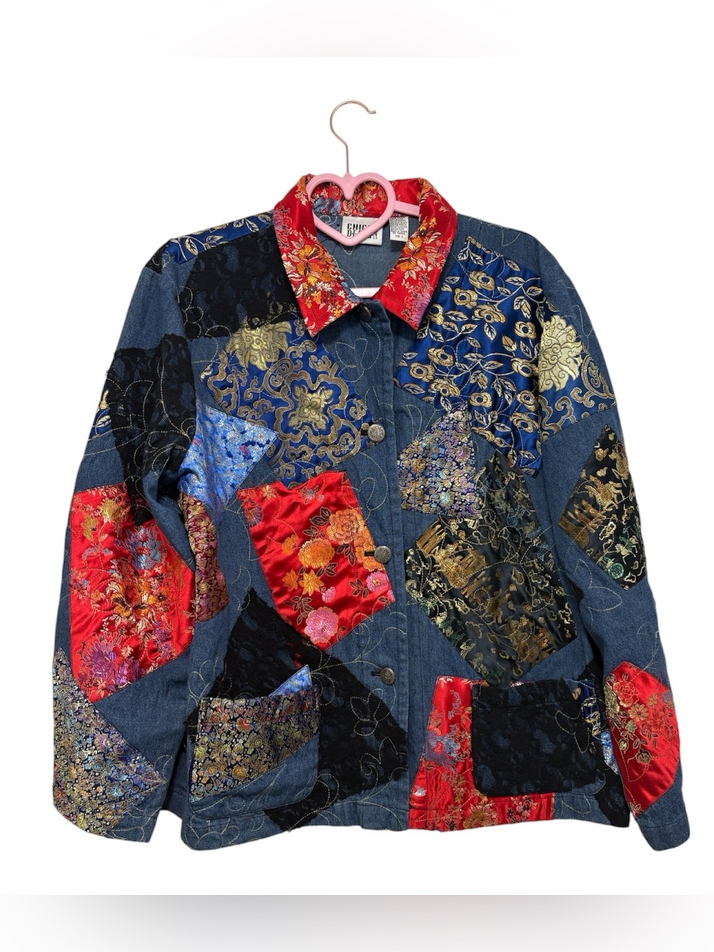 Vintage Chico’s Colorful Patchwork Denim Jacket Asian Silk Size 3 XL